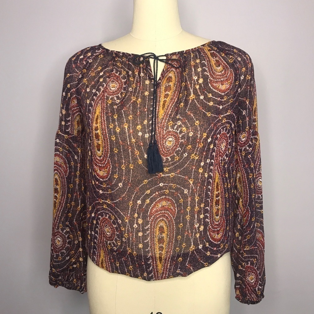 Lucky Brand Boho Tassel Paisley Peasant Blouse